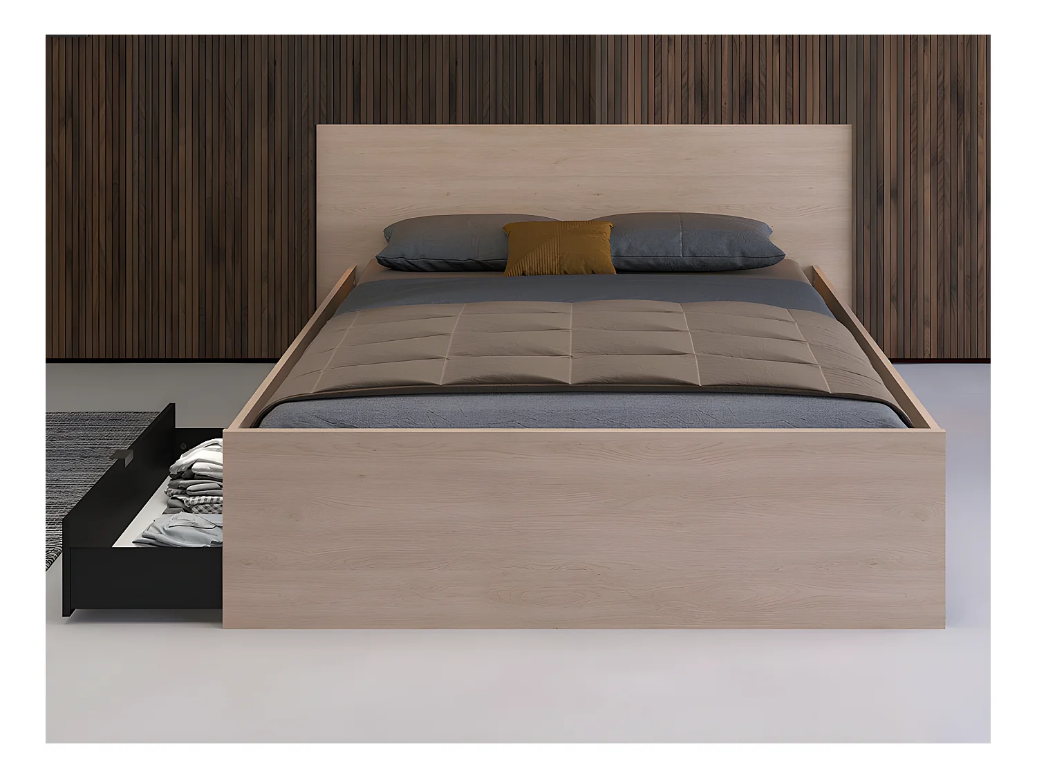 Letto con 2 cassetti 140 x 190 cm  Naturale e Nero + Rete a doghe + Materasso  - VELONA