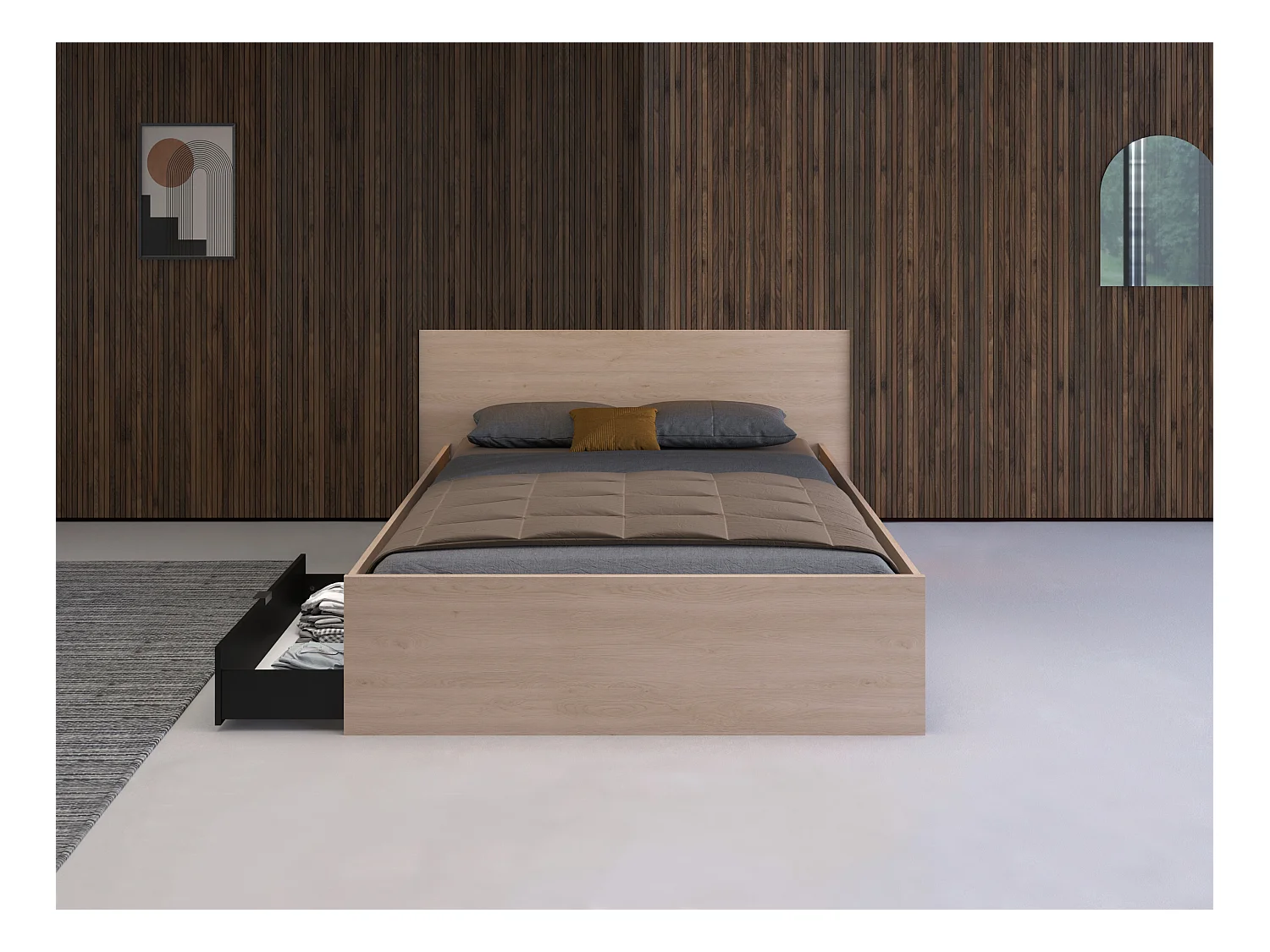 Letto con 2 cassetti 140 x 190 cm  Naturale e Nero + Rete a doghe + Materasso  - VELONA