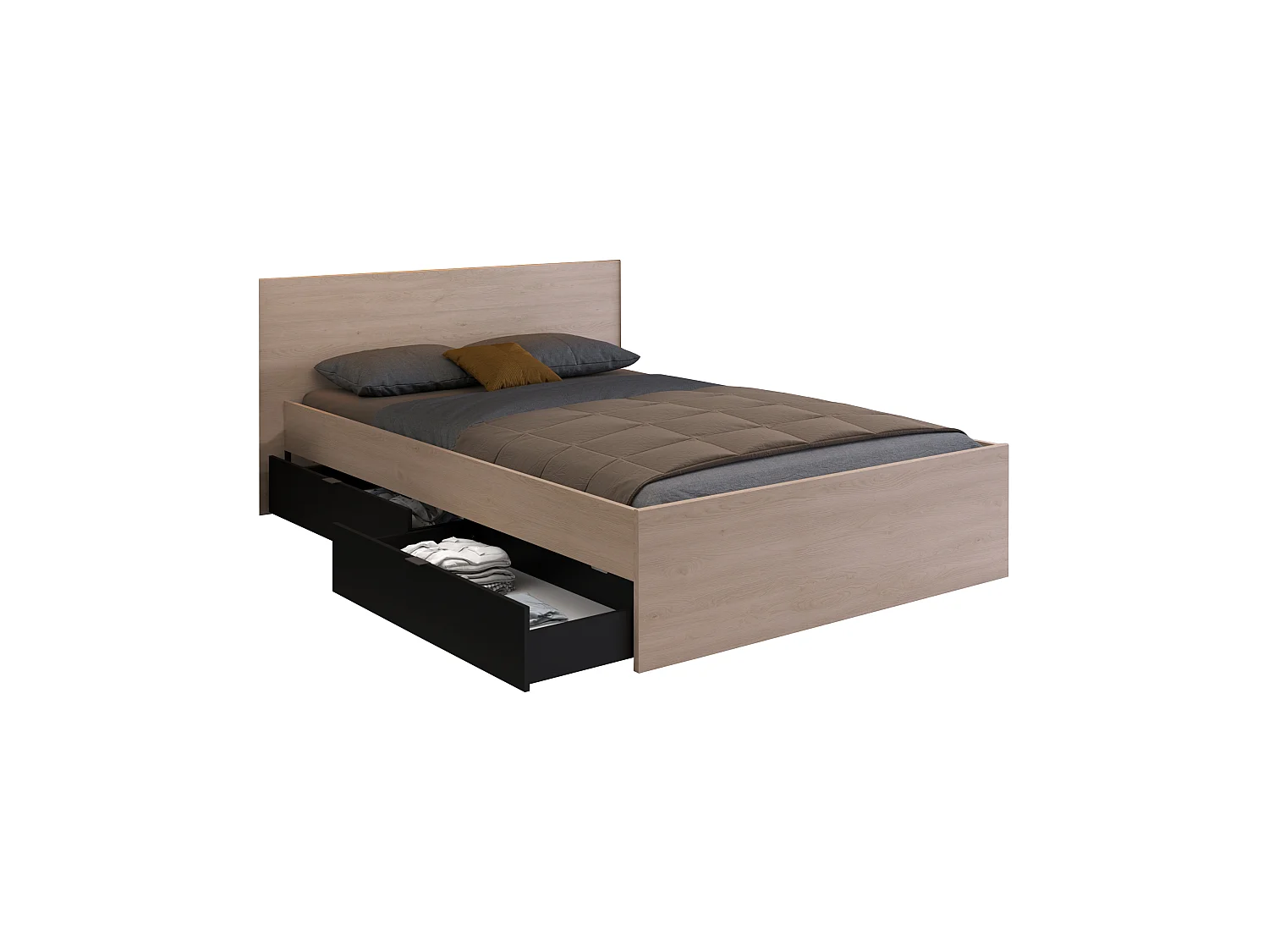 Letto con 2 cassetti 140 x 190 cm  Naturale e Nero + Rete a doghe + Materasso  - VELONA