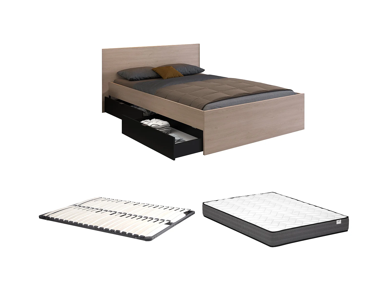 Cama con 2 cajones 140 x 190 cm - Color: natural y negro + Somier + colchón - VELONA