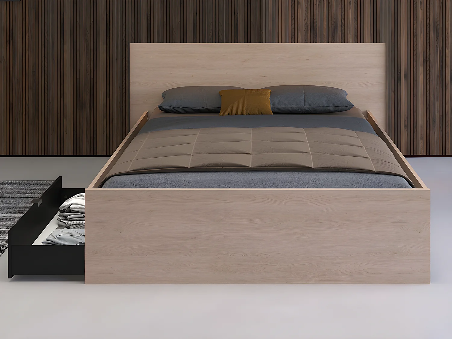 Bett mit 2 Schubladen + Lattenrost + Matratze - 140 x 190 cm - Holzfarben & Schwarz - VELONA