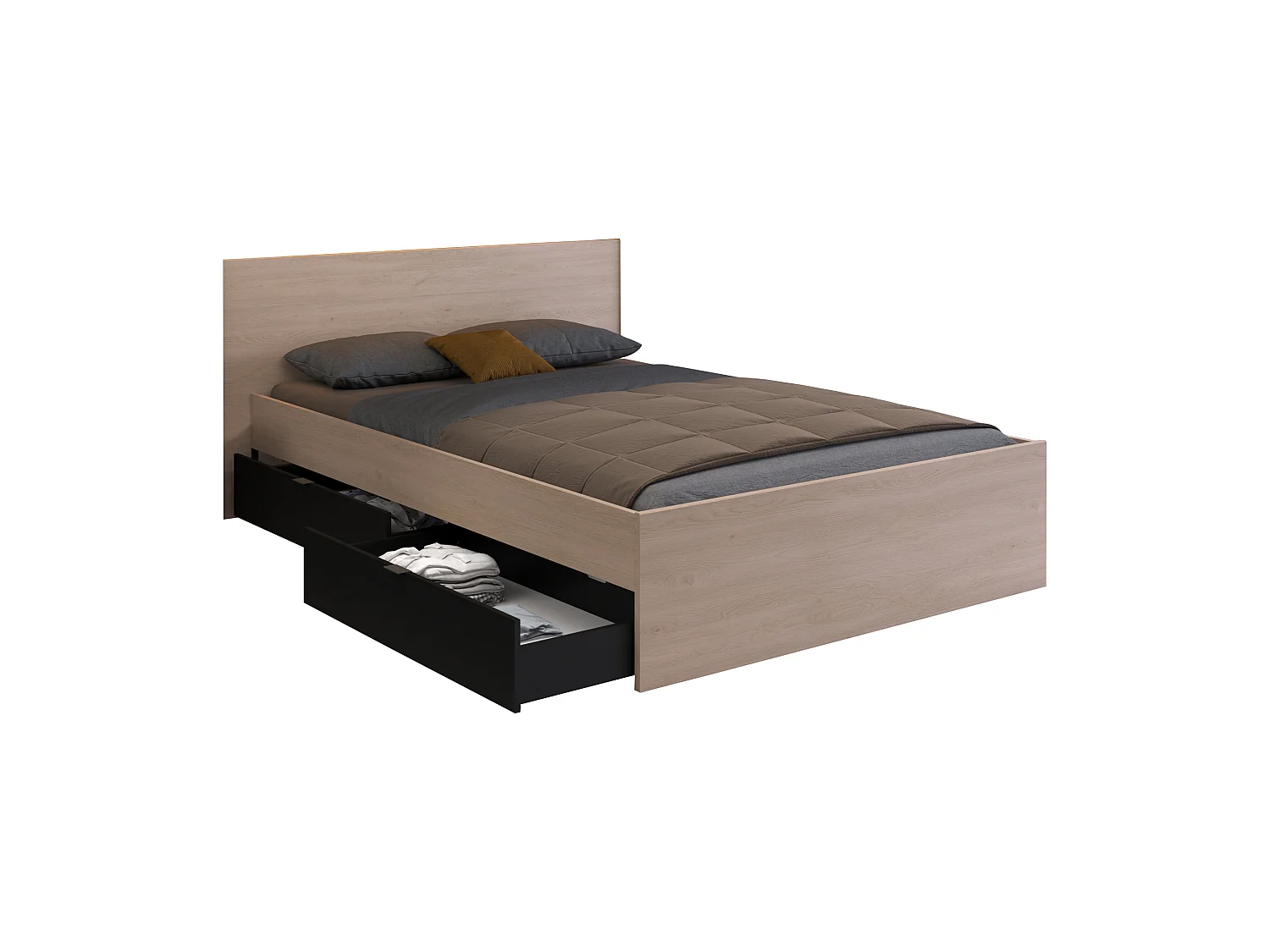Bett mit 2 Schubladen + Lattenrost + Matratze - 140 x 190 cm - Holzfarben & Schwarz - VELONA