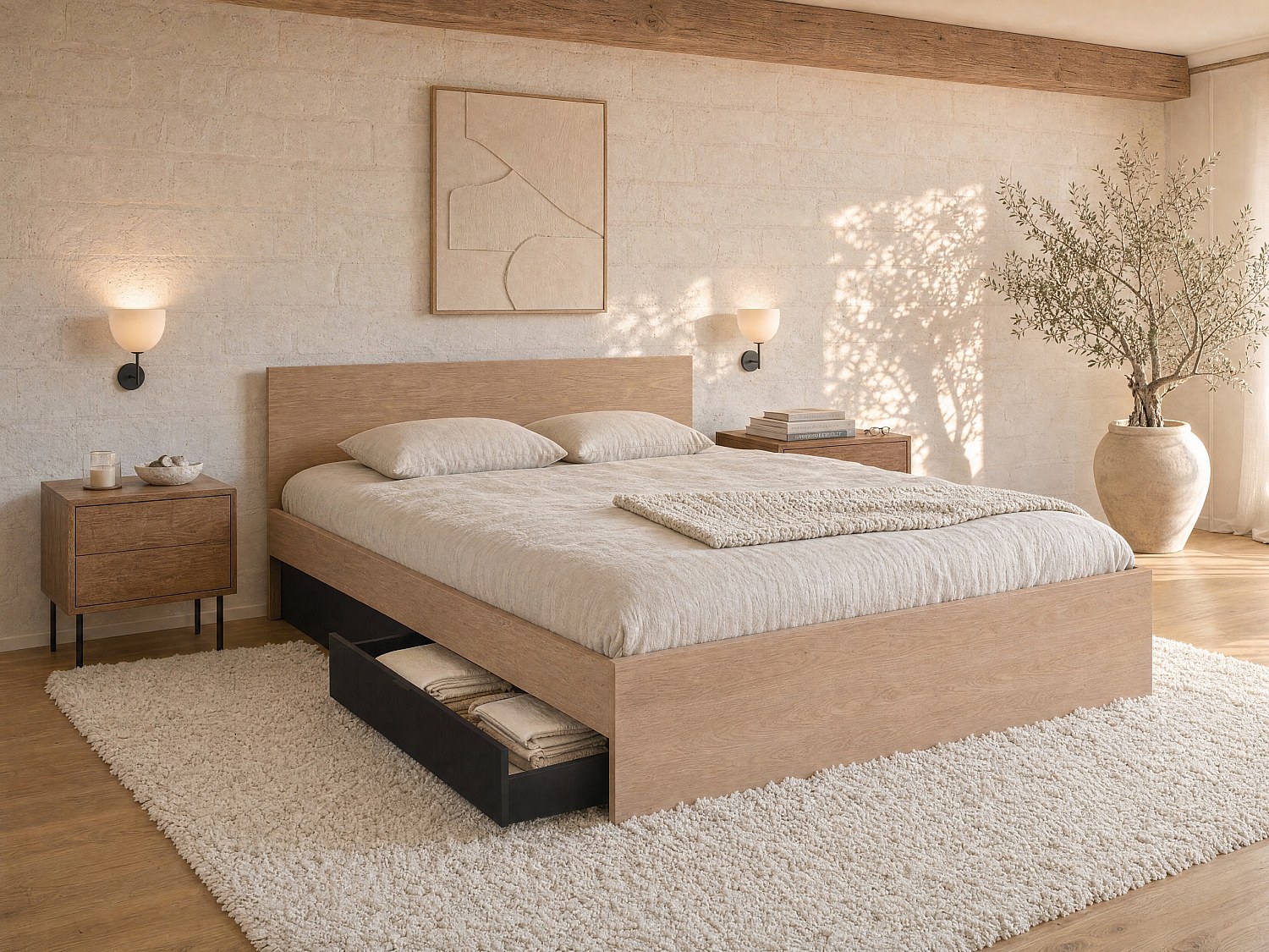 Lit avec 2 tiroirs 140 x 190 cm - Coloris : Naturel et noir + Sommier + Matelas - VELONA