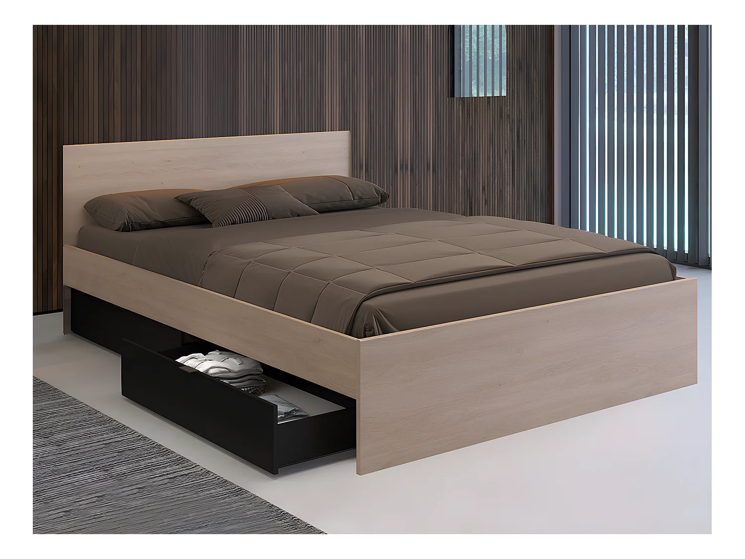 Lit avec 2 tiroirs 160 x 200 cm - Coloris : Naturel et noir + Sommier + Matelas - VELONA