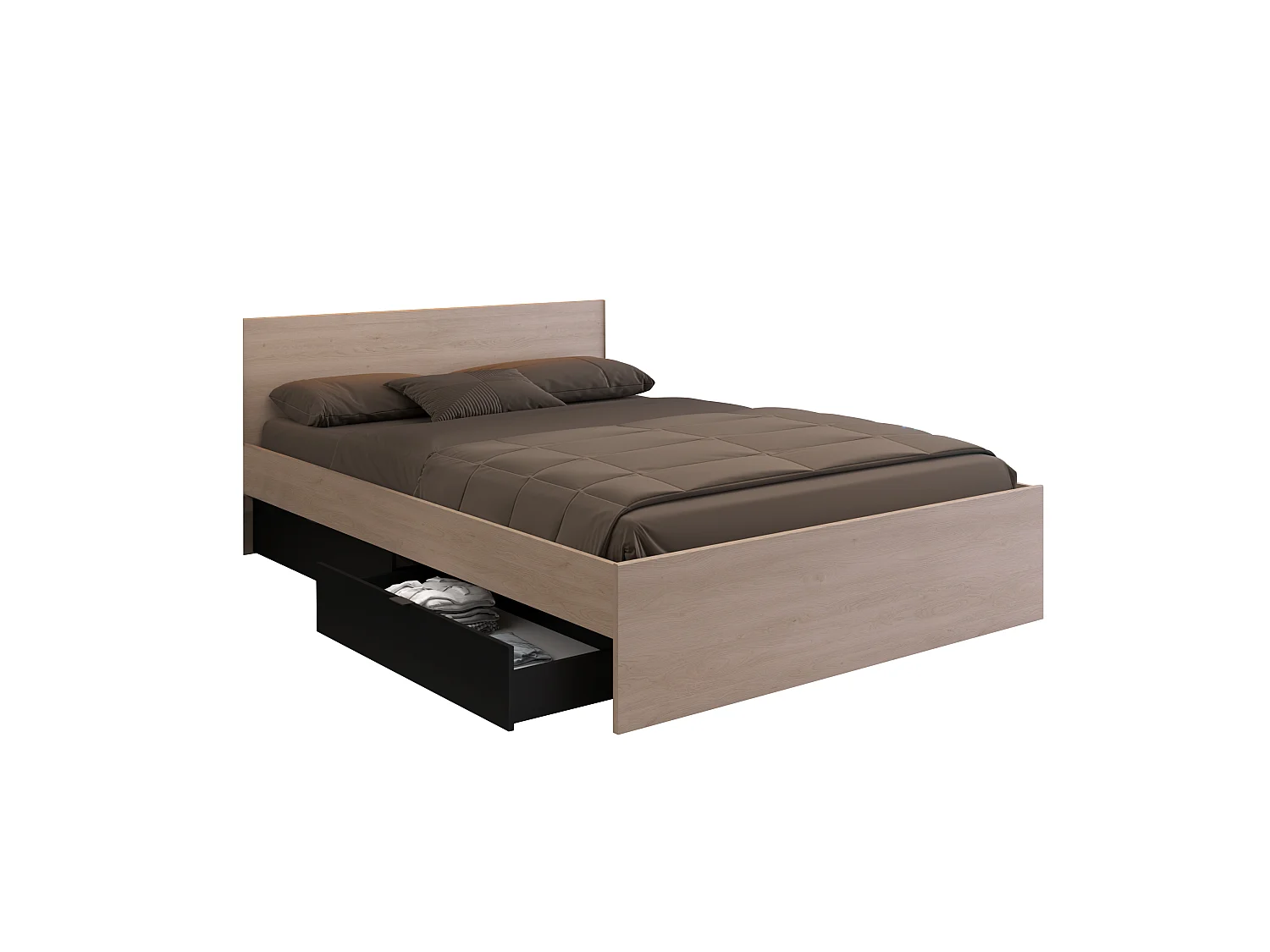 Bett mit 2 Schubladen + Lattenrost + Matratze - 160 x 200 cm - Holzfarben & Schwarz - VELONA