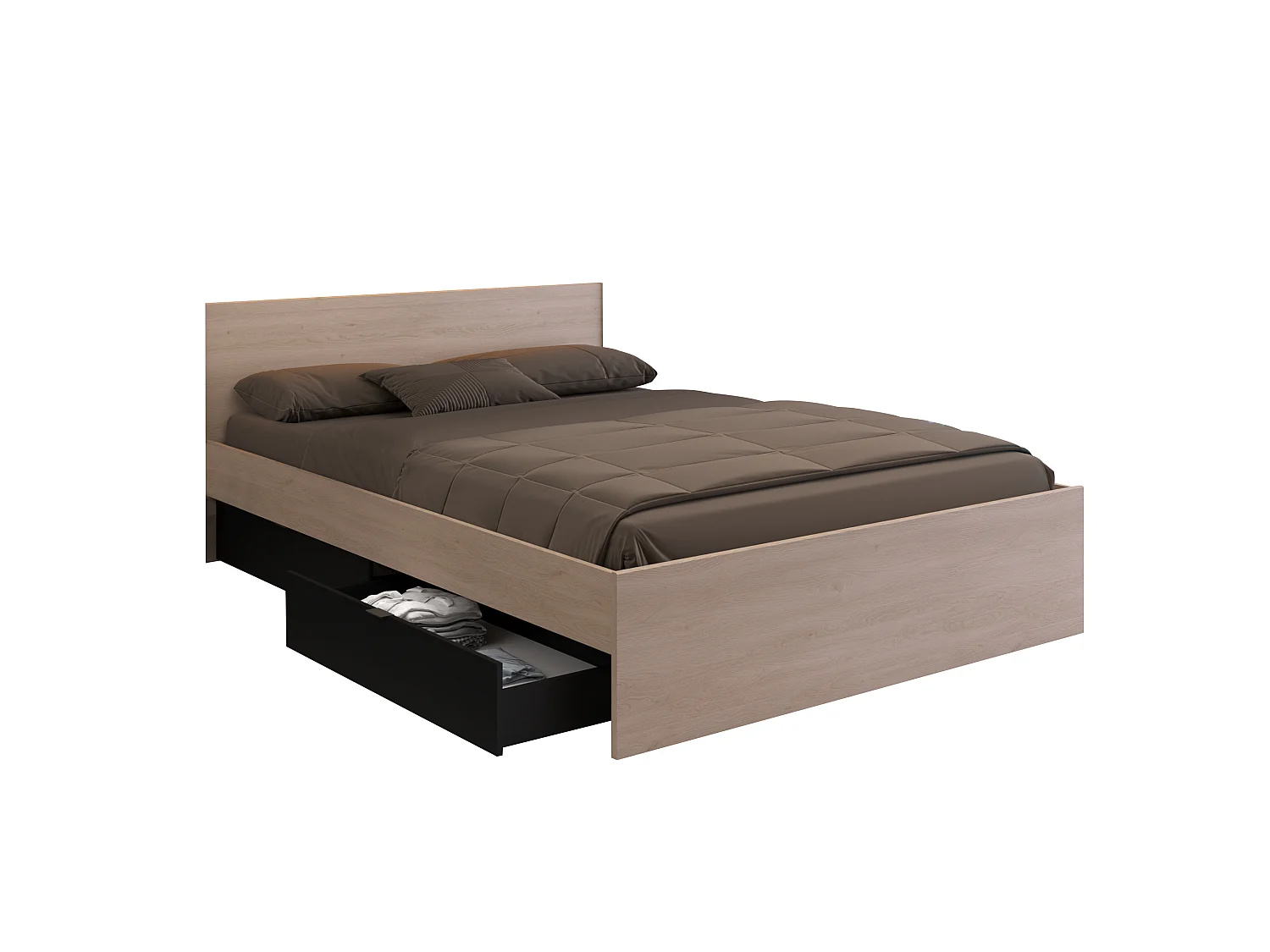 Bett mit 2 Schubladen + Lattenrost + Matratze - 160 x 200 cm - Holzfarben & Schwarz - VELONA