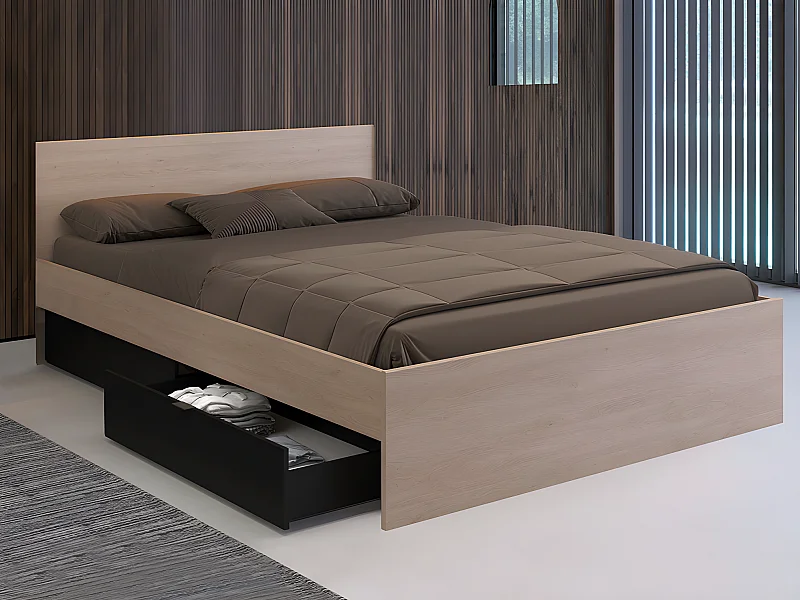 Letto con 2 cassetti 160 x 200 cm  Naturale e Nero + Rete a doghe + Materasso  - VELONA