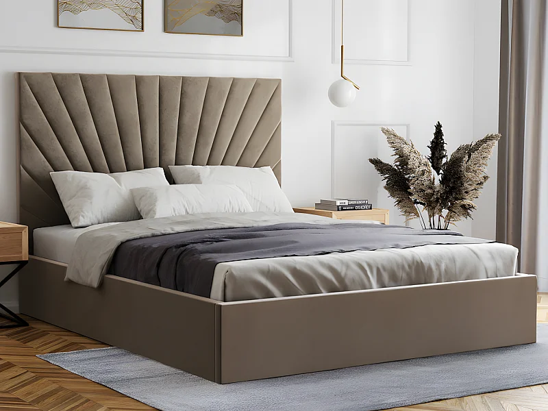 Polsterbett mit Bettkasten - 140 x 190 cm - Samt - Graubraun + Matratze - RILIODA von Pascal Morabito