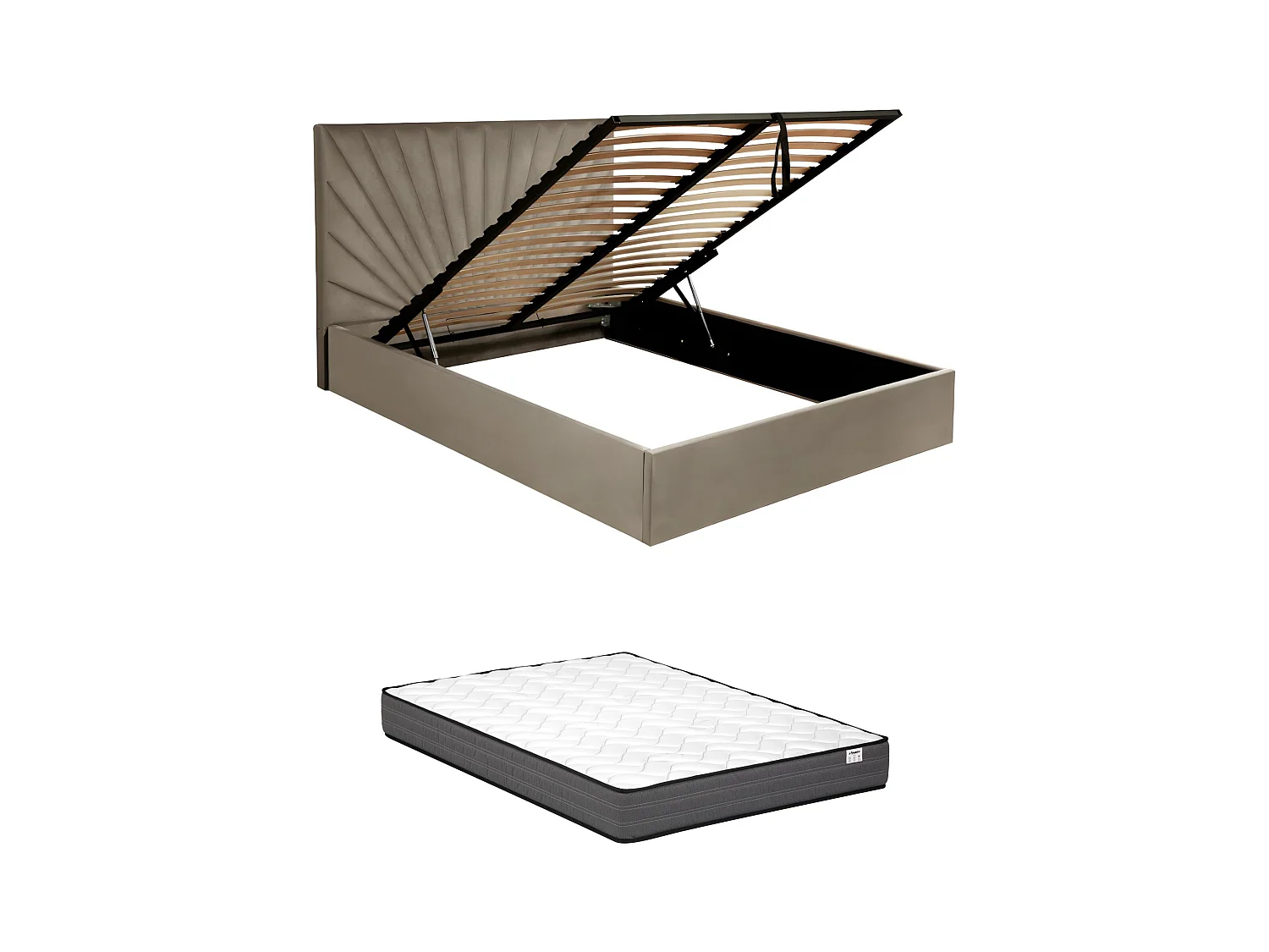 Lit coffre 140 x 190 cm - Velours - Taupe + Matelas - RILIODA de Pascal Morabito