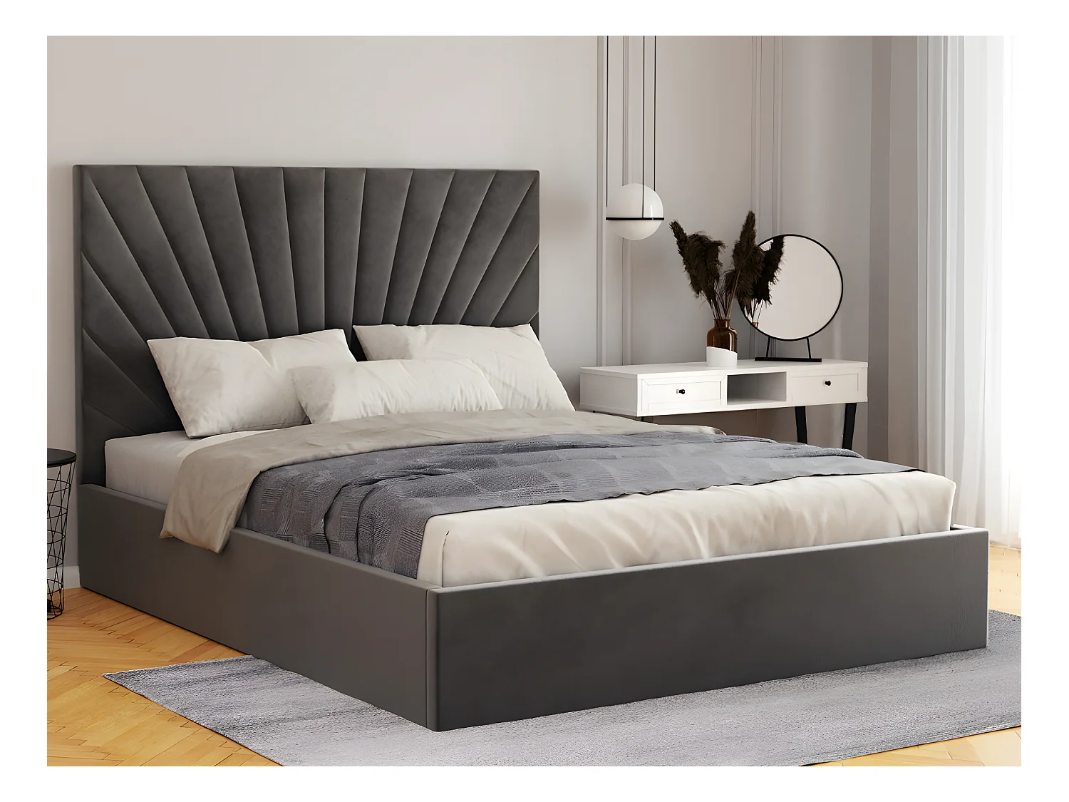 Lit coffre 140 x 190 cm - Velours - Gris anthracite + Matelas - RILIODA de Pascal Morabito