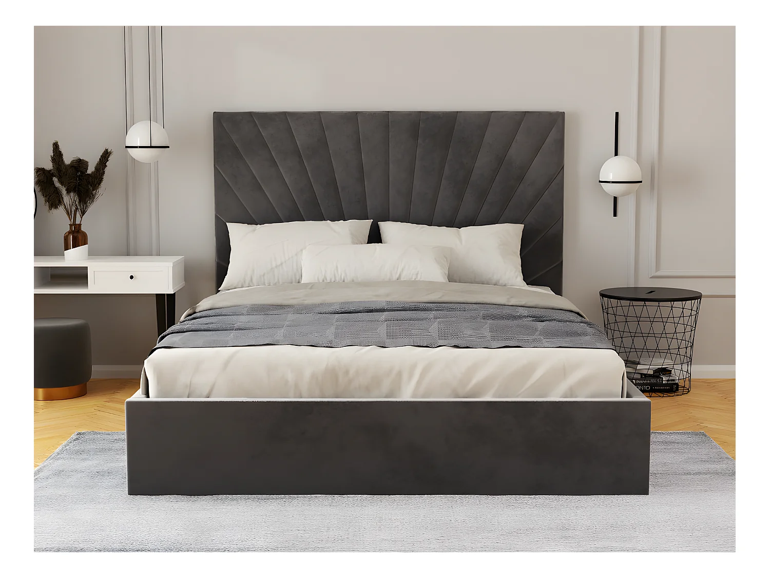 Bed met opbergruimte 140 x 190 cm - Velours - Antracietgrijs + matras - RILIODA van Pascal Morabito