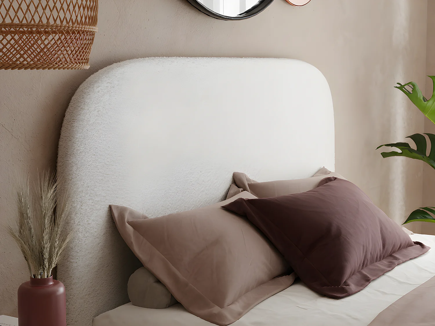 Letto 140 x 190 cm Tessuto effetto bouclette Écru + Materasso - SANTADI