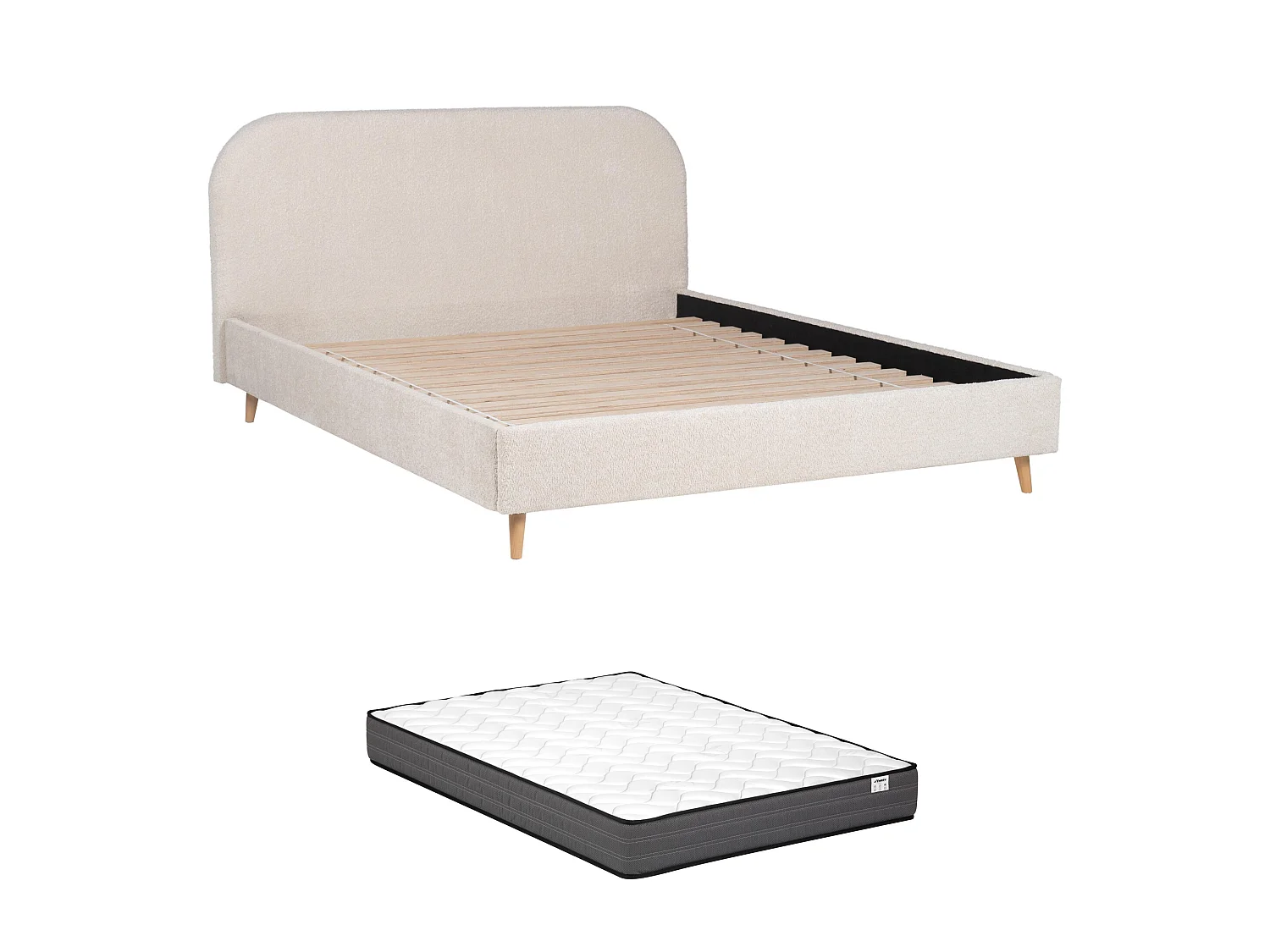 Letto 140 x 190 cm Tessuto effetto bouclette Écru + Materasso - SANTADI