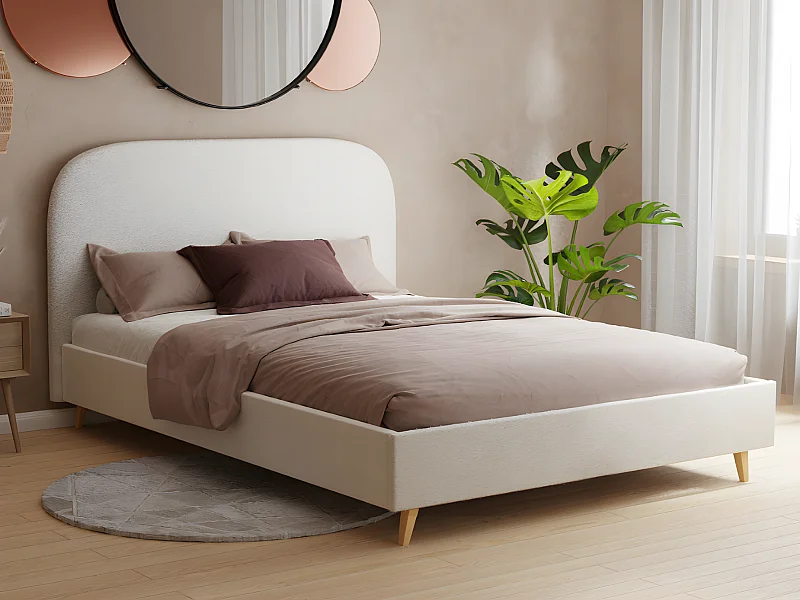 Lit 140 x 190 cm - Tissu effet bouclettes - Ecru + Matelas - SANTADI
