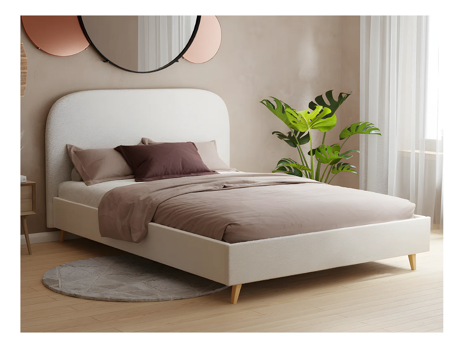 Bed 160 x 200 cm - Bouclé stof effect - Ecru + Matras - SANTADI