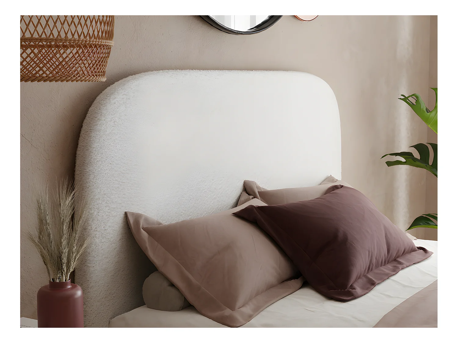 Bed 160 x 200 cm - Bouclé stof effect - Ecru + Matras - SANTADI