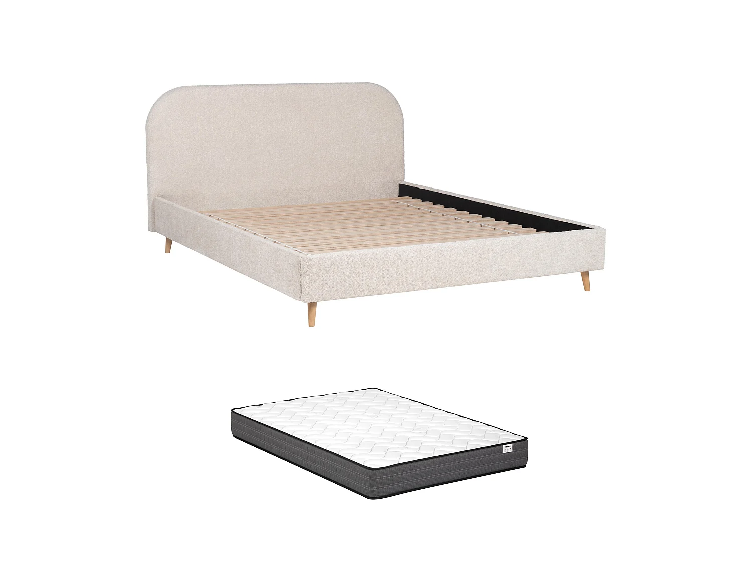 Bed 160 x 200 cm - Bouclé stof effect - Ecru + Matras - SANTADI