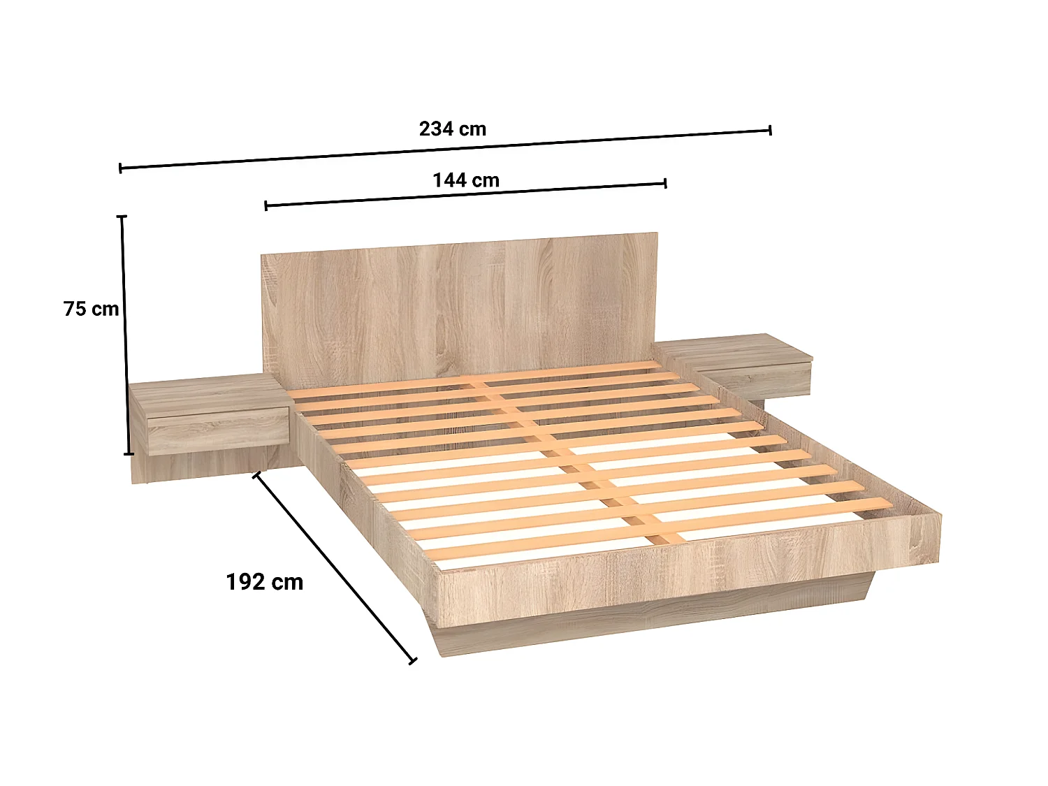 Łóżko z szafkami nocnymi 140 × 190 cm – Kolor: Naturalny + Materac – MARVELLOUS