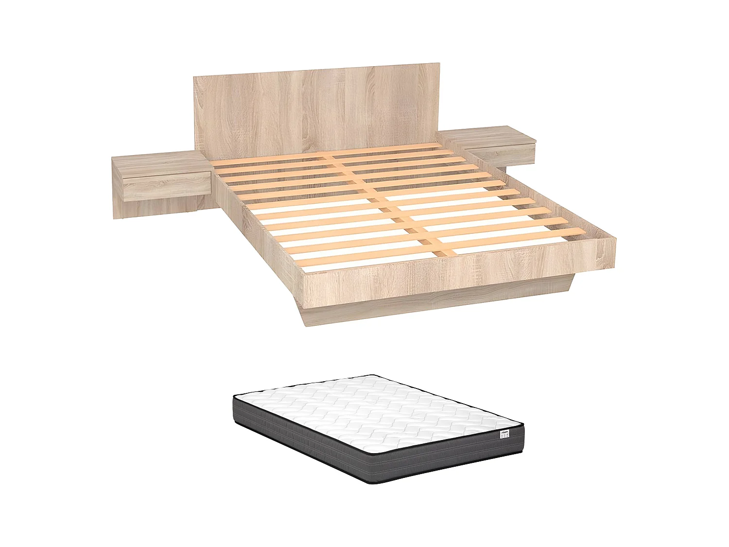 Łóżko z szafkami nocnymi 140 × 190 cm – Kolor: Naturalny + Materac – MARVELLOUS