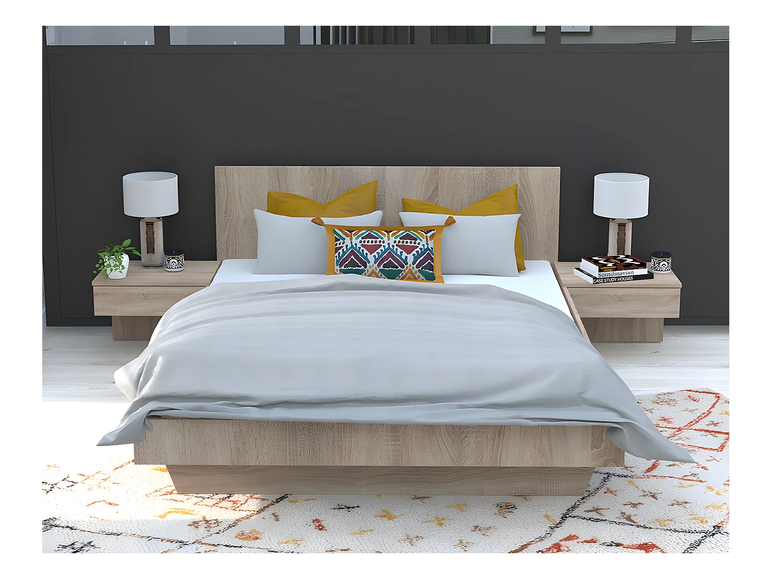 Bed met nachtkastjes 140 x 190 cm - Kleur: houtlook + matras - MARVELLOUS