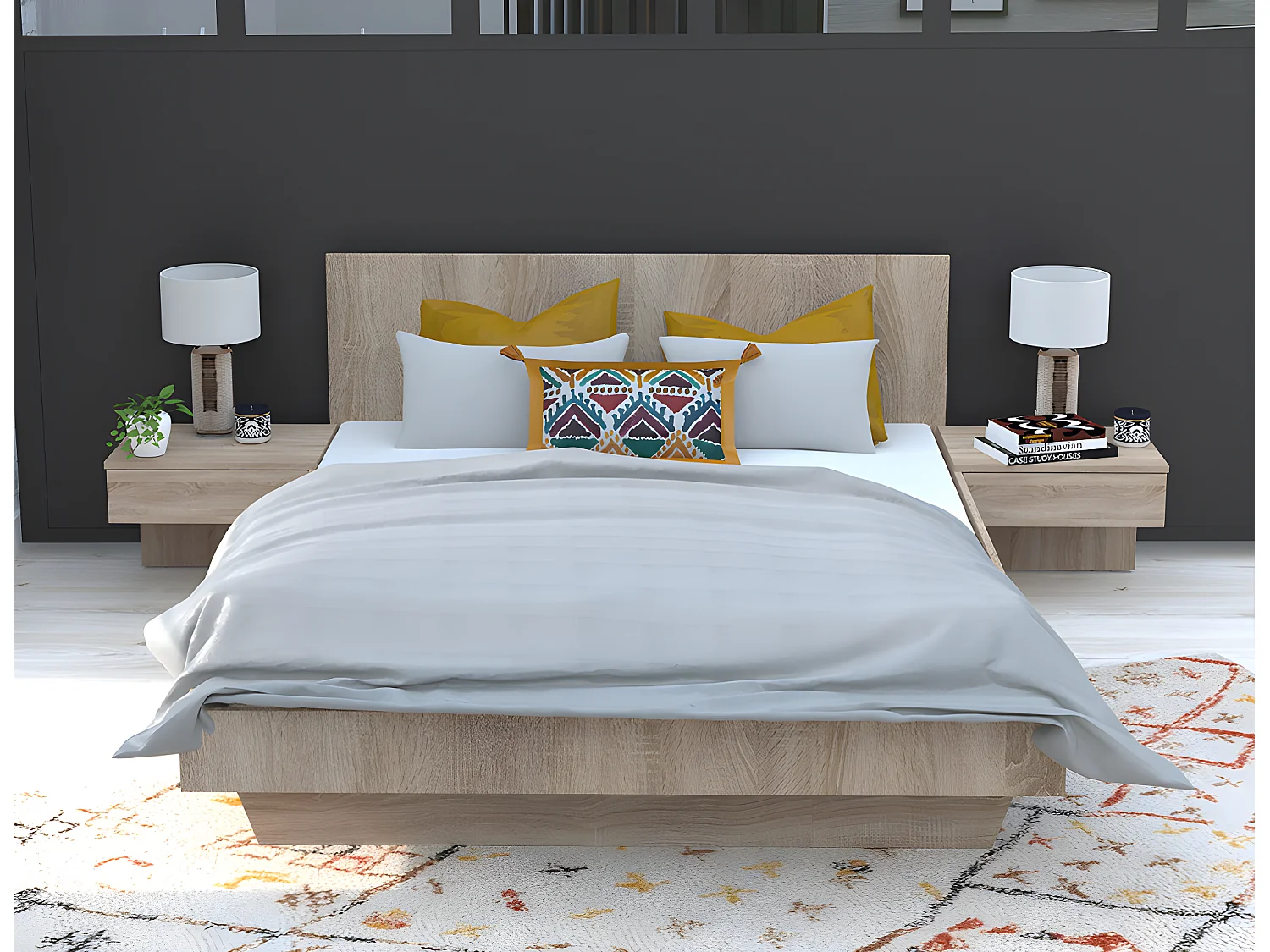 Cama com mesas de cabeceira 140 x 190 cm cor natural + colchão - MARVELLOUS