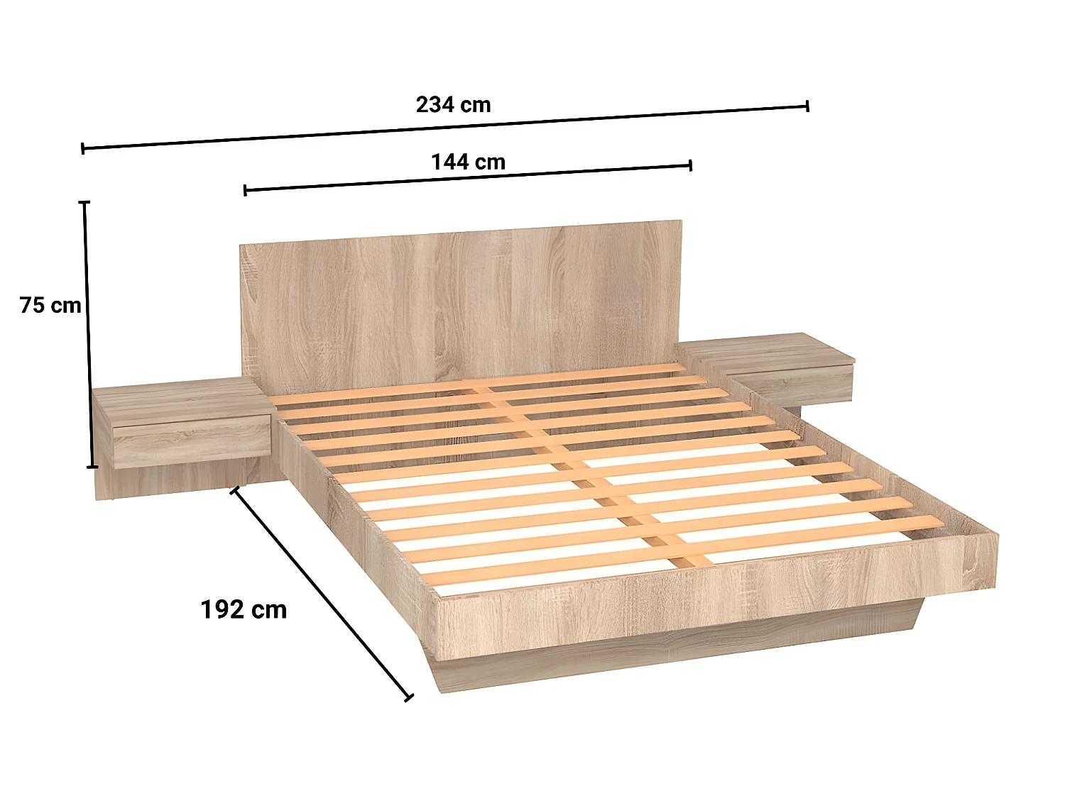 Cama com mesas de cabeceira 140 x 190 cm cor natural + colchão - MARVELLOUS