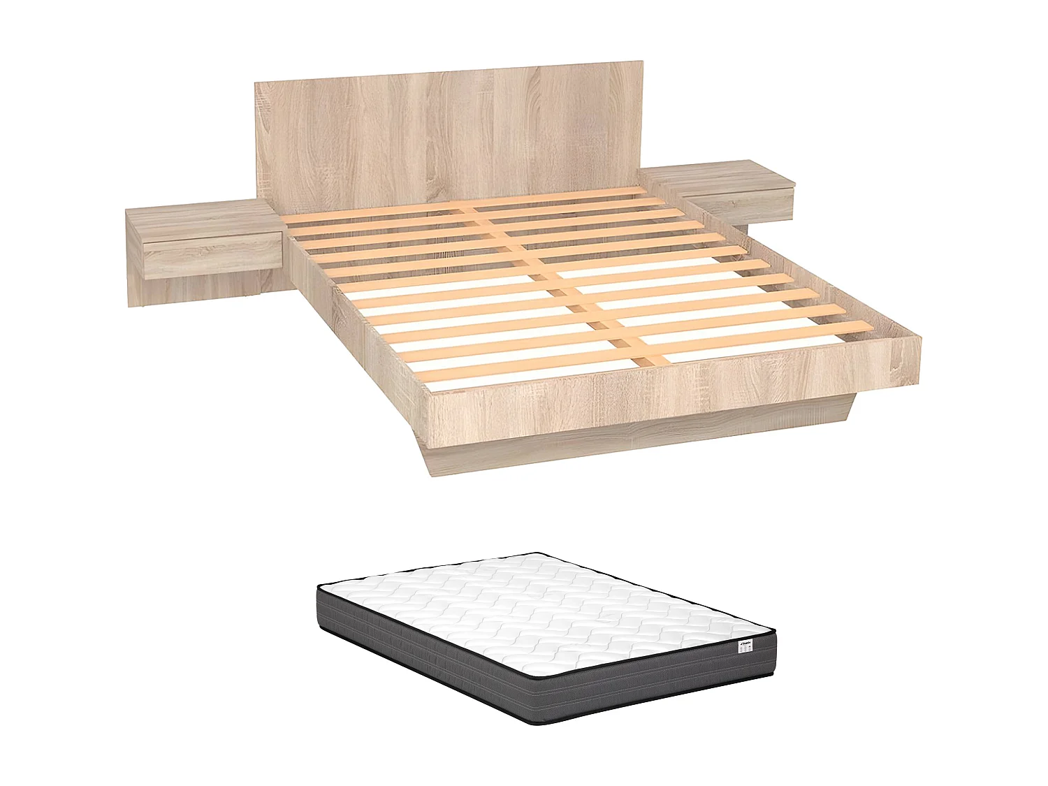 Cama com mesas de cabeceira 140 x 190 cm cor natural + colchão - MARVELLOUS