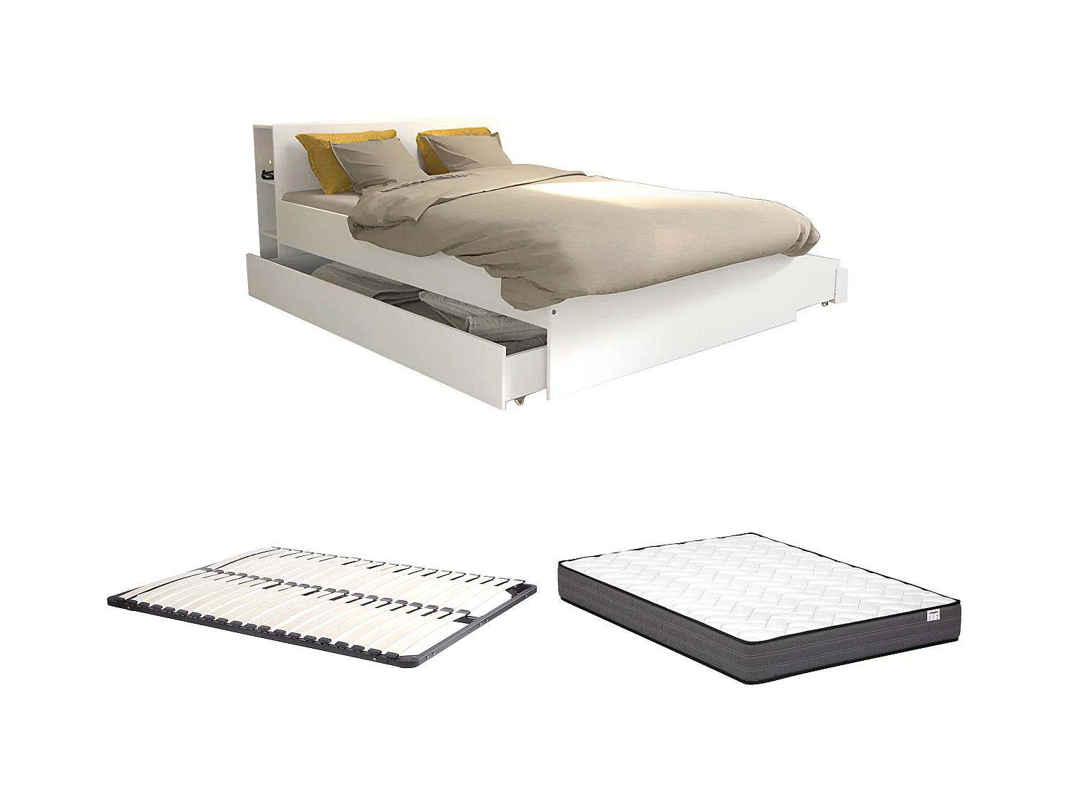 Lit avec tête de lit rangements et tiroirs 140 x 190 cm - Blanc + Sommier + Matelas - EUGENE