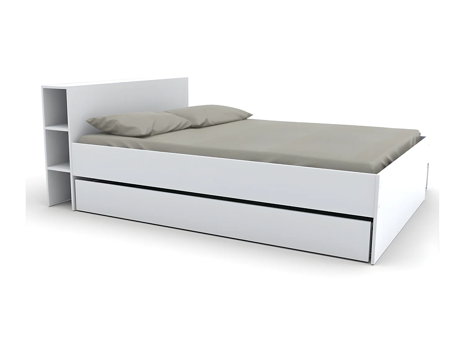 Cama con cabecero con compartimentos y cajones 140 x 190 cm - Blanco + Somier + colchón - EUGENE