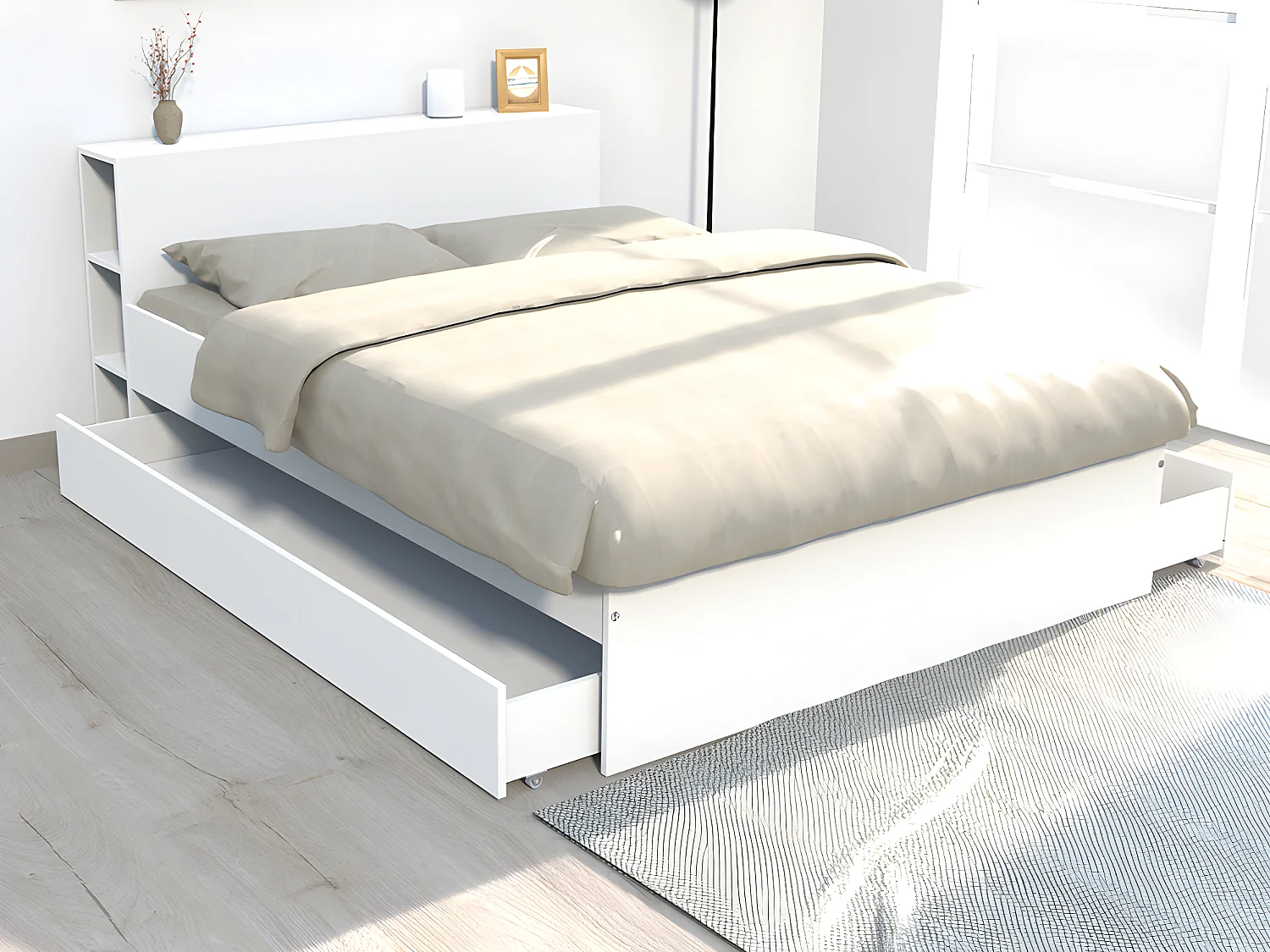 Bed met hoofdeinde met opbergruimte en lades 140 x 190 cm - Wit + bedbodem + matras - EUGENE