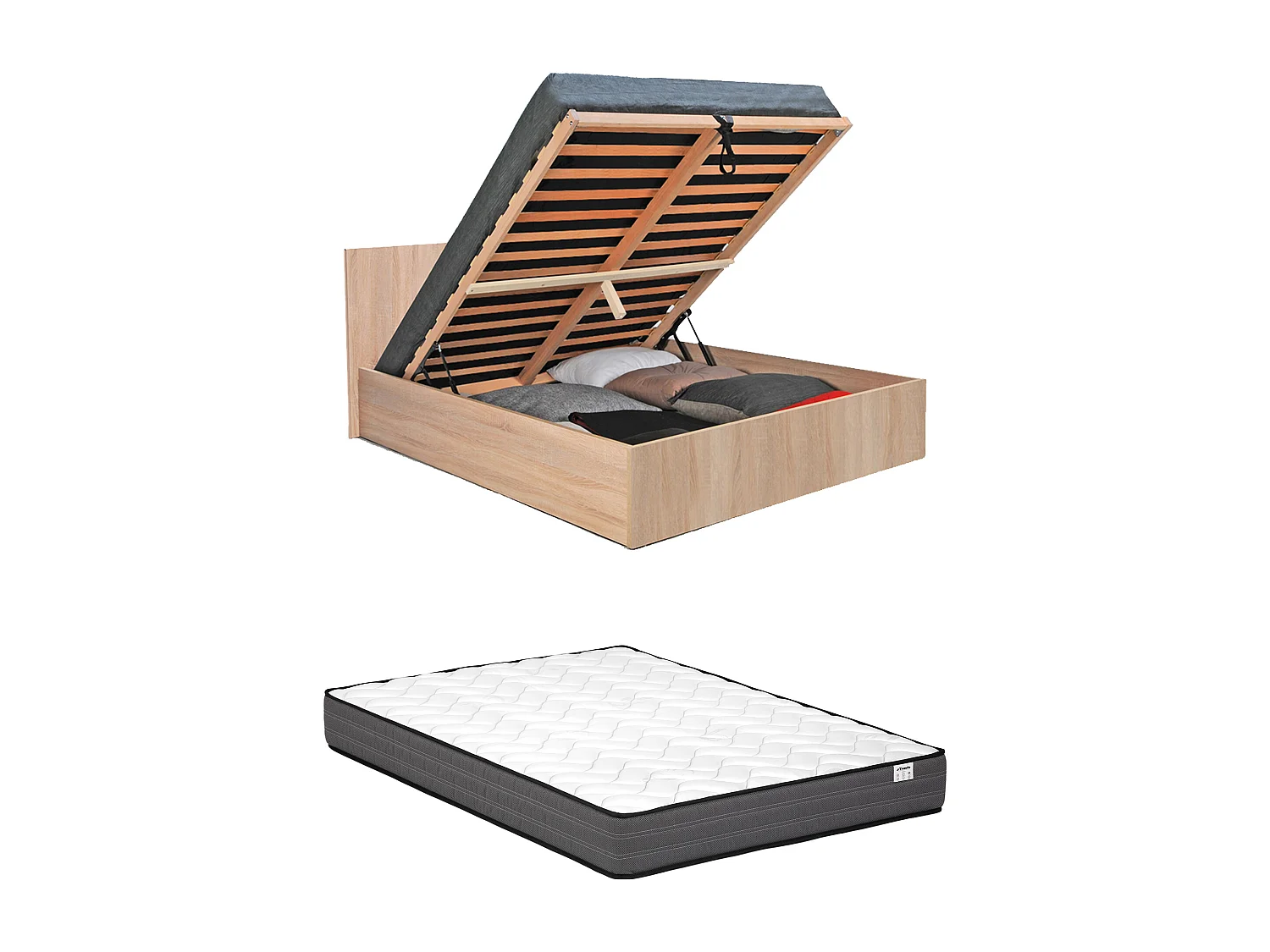 Lit coffre 140 x 190 cm - Coloris : Naturel + Matelas - ELPHEGE