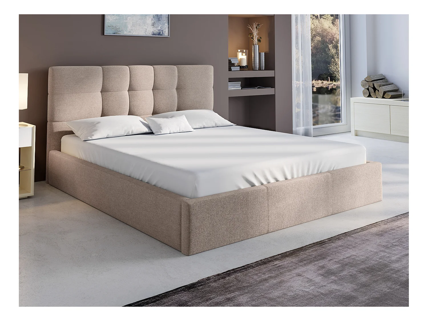 Letto con contenitore 160 x 200 cm Tessuto Beige + Materasso  - ELIAVA di PASCAL MORABITO