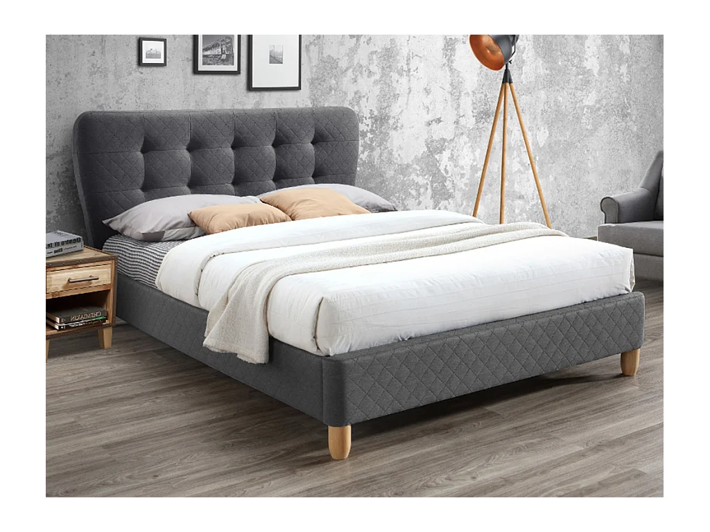 Bed 140 x 190 cm met gecapitonneerd hoofdbord - Stof - Grijs + matras - ELIDE