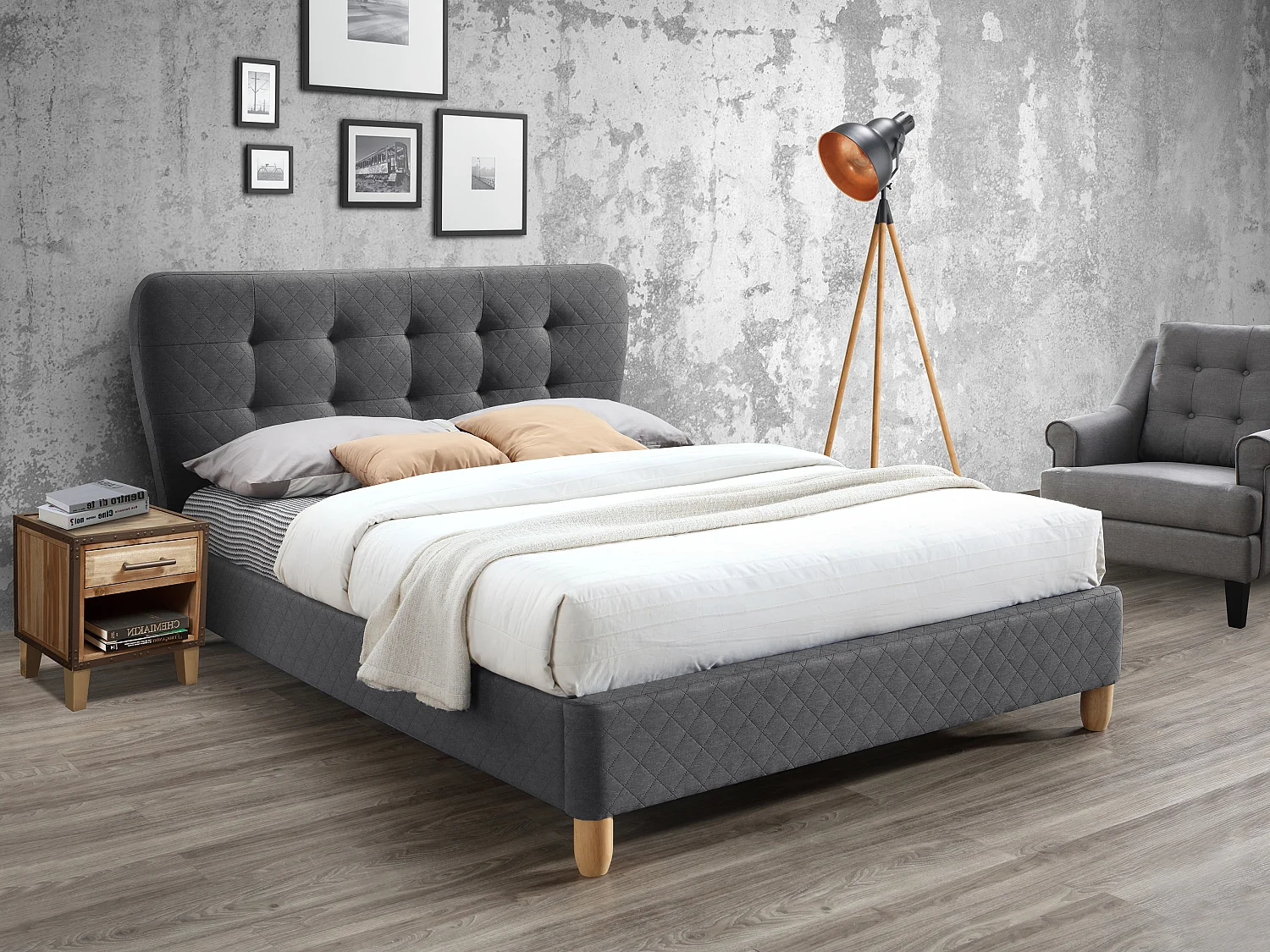 Cama 140 x 190 cm con cabecero capitoné - Tela - Gris + colchón - ELIDE