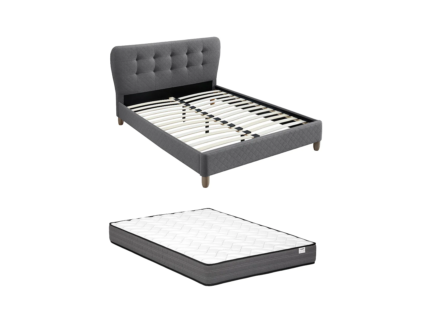 Cama 140 x 190 cm con cabecero capitoné - Tela - Gris + colchón - ELIDE