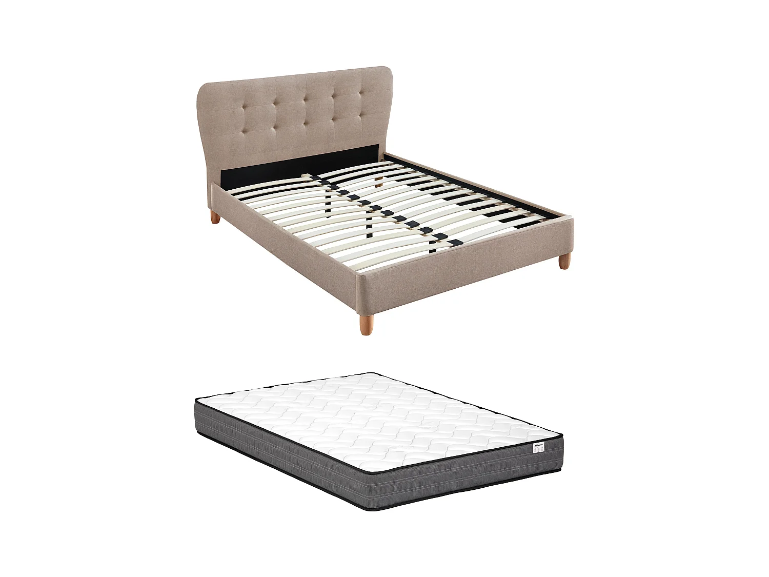 Cama 140 x 190 cm com cabeceira de cama acolchoada tecido bege + colchão - ELIDE