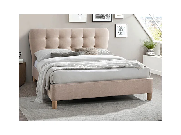 Bed 140 x 190 cm met gecapitonneerd hoofdbord - Stof - Beige + matras - ELIDE