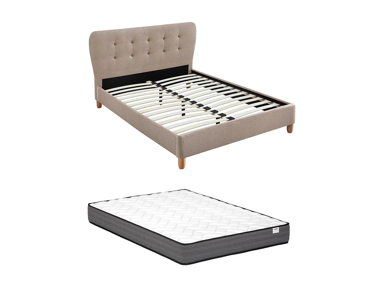 Bed 140 x 190 cm met gecapitonneerd hoofdbord - Stof - Beige + matras - ELIDE