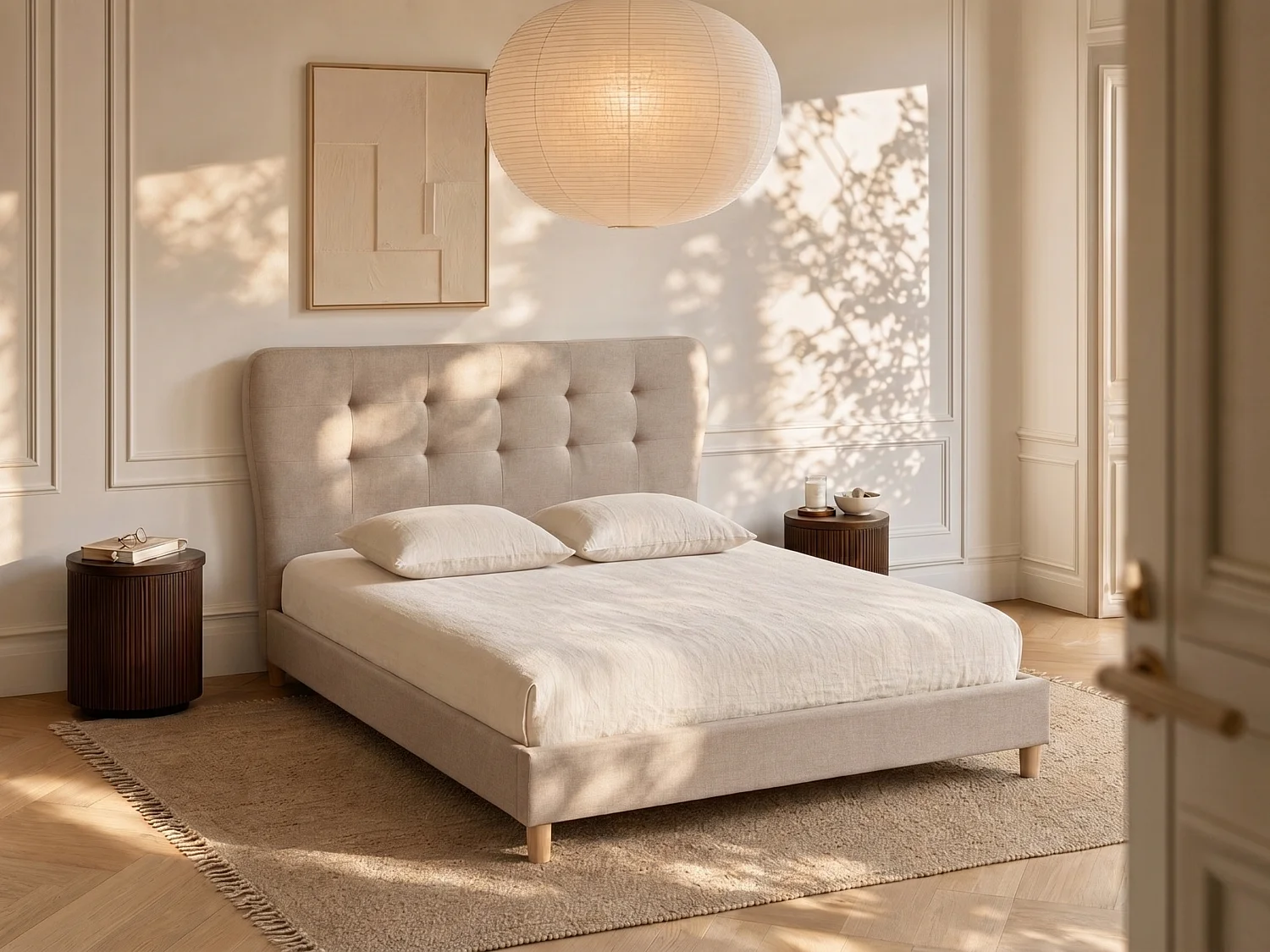 Letto 140 x 190 cm con testata trapuntata Tessuto Beige + Materasso - ELIDE