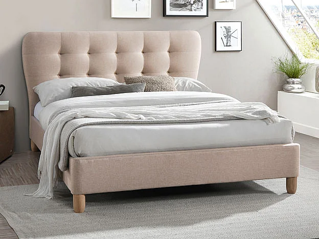 Lit 140 x 190 cm avec tête de lit capitonnée - Tissu - Beige + Matelas - ELIDE