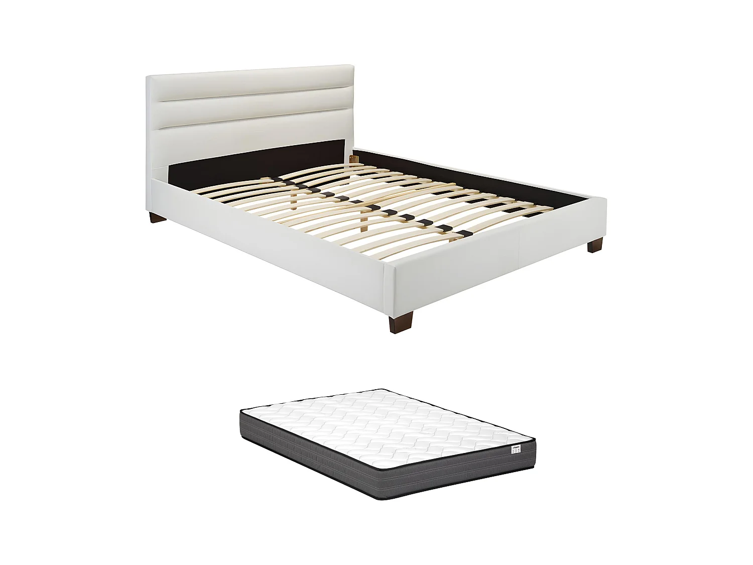 Lit 140 x 190 cm - Simili - Blanc + Matelas - FAUSTIN