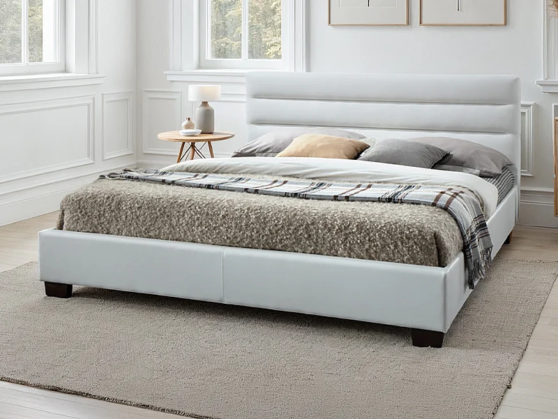 Cama 140 x 190 cm pele sintética branco + colchão - FAUSTIN