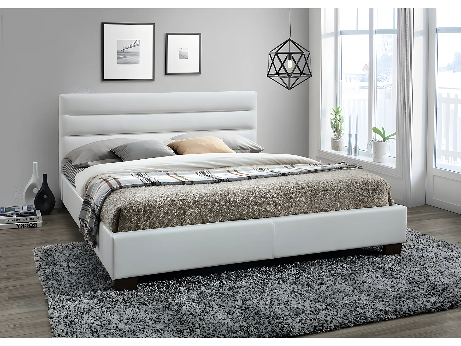 Lit 160 x 200 cm - Simili - Blanc + Matelas - FAUSTIN