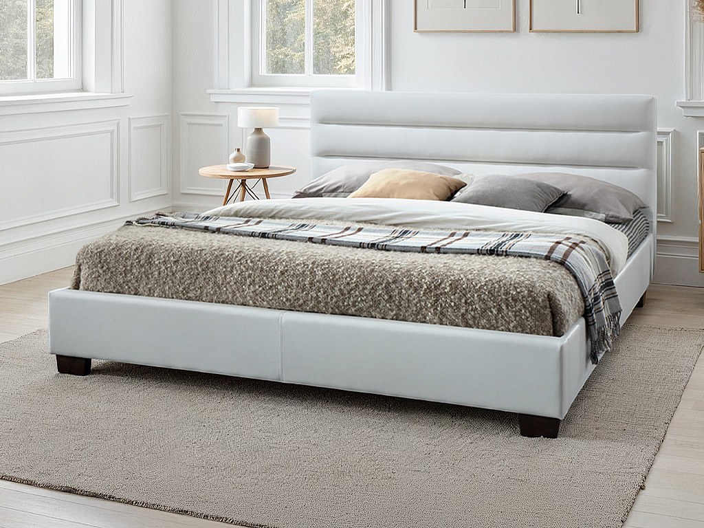 Polsterbett - 160 x 200 cm - Kunstleder - Weiß + Matratze - FAUSTIN günstig online kaufen