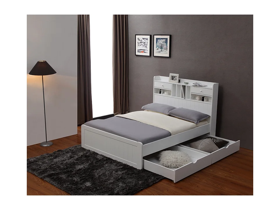 Lit avec rangements 140 x 190 cm - Pin - Blanc + Sommier + Matelas - MEDERICK