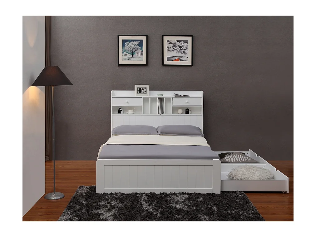 Lit avec rangements 140 x 190 cm - Pin - Blanc + Sommier + Matelas - MEDERICK