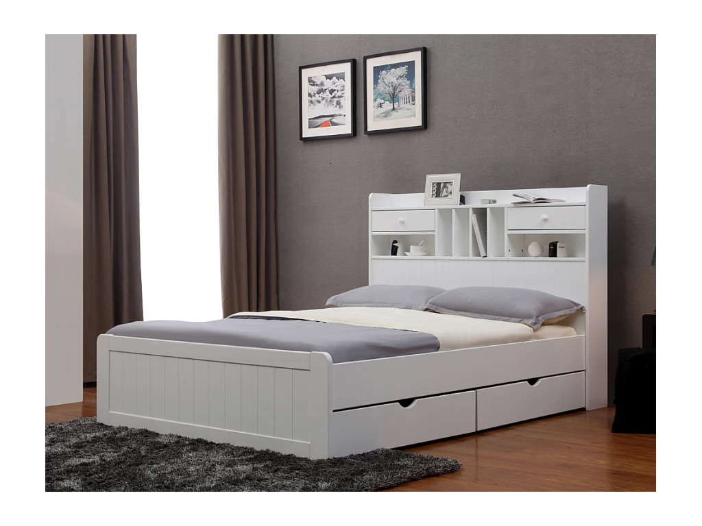 Lit avec rangements 140 x 190 cm - Pin - Blanc + Sommier + Matelas - MEDERICK