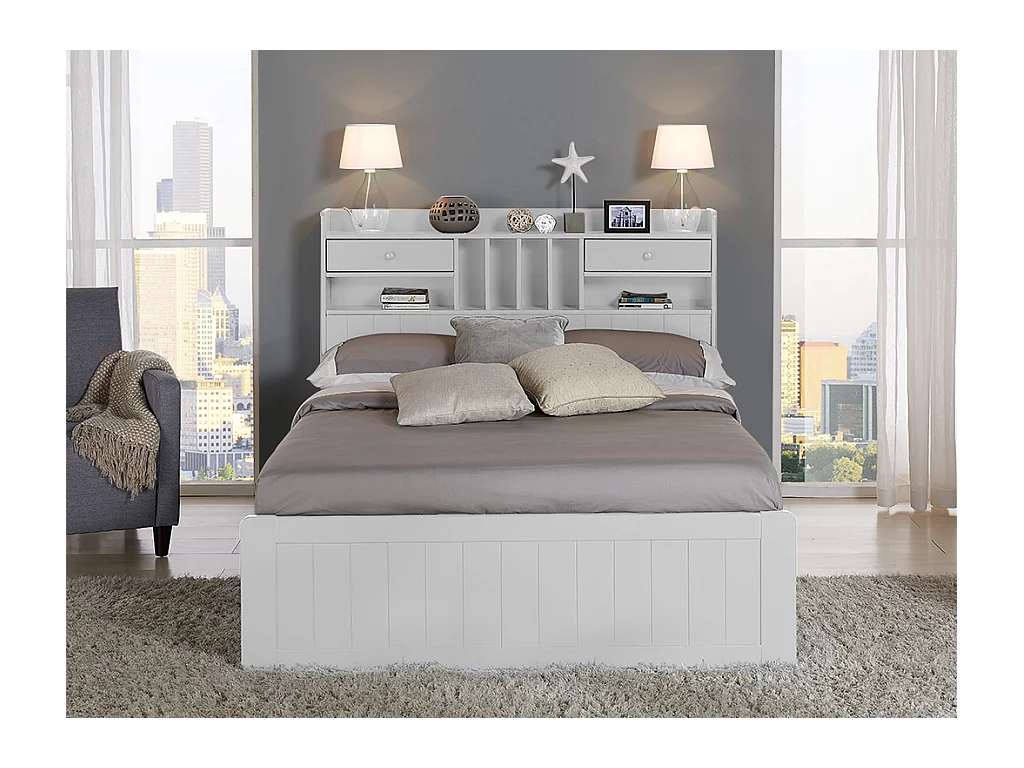 Lit avec rangements 140 x 190 cm - Pin - Blanc + Sommier + Matelas - MEDERICK