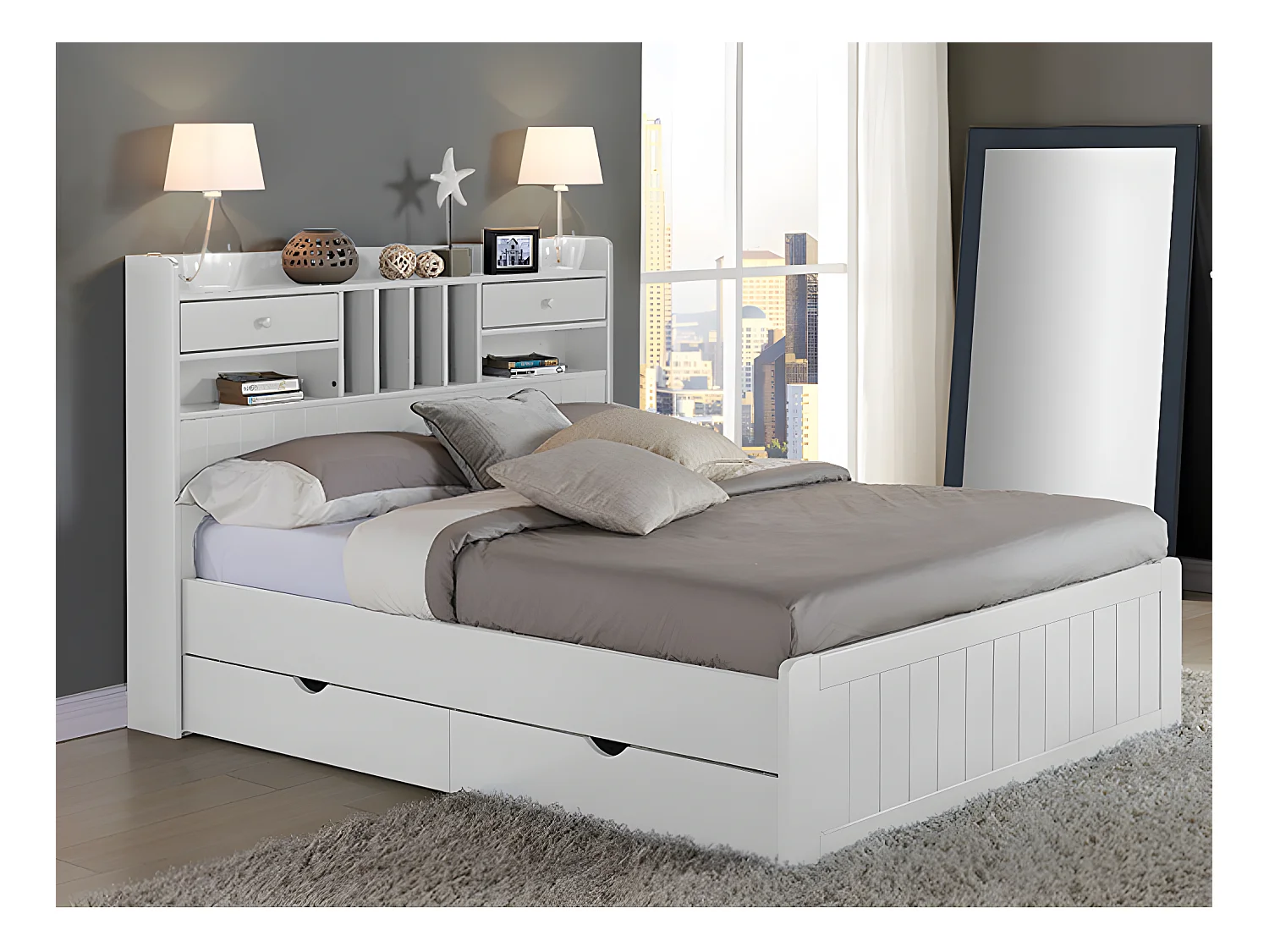 Lit avec rangements 140 x 190 cm - Pin - Blanc + Sommier + Matelas - MEDERICK