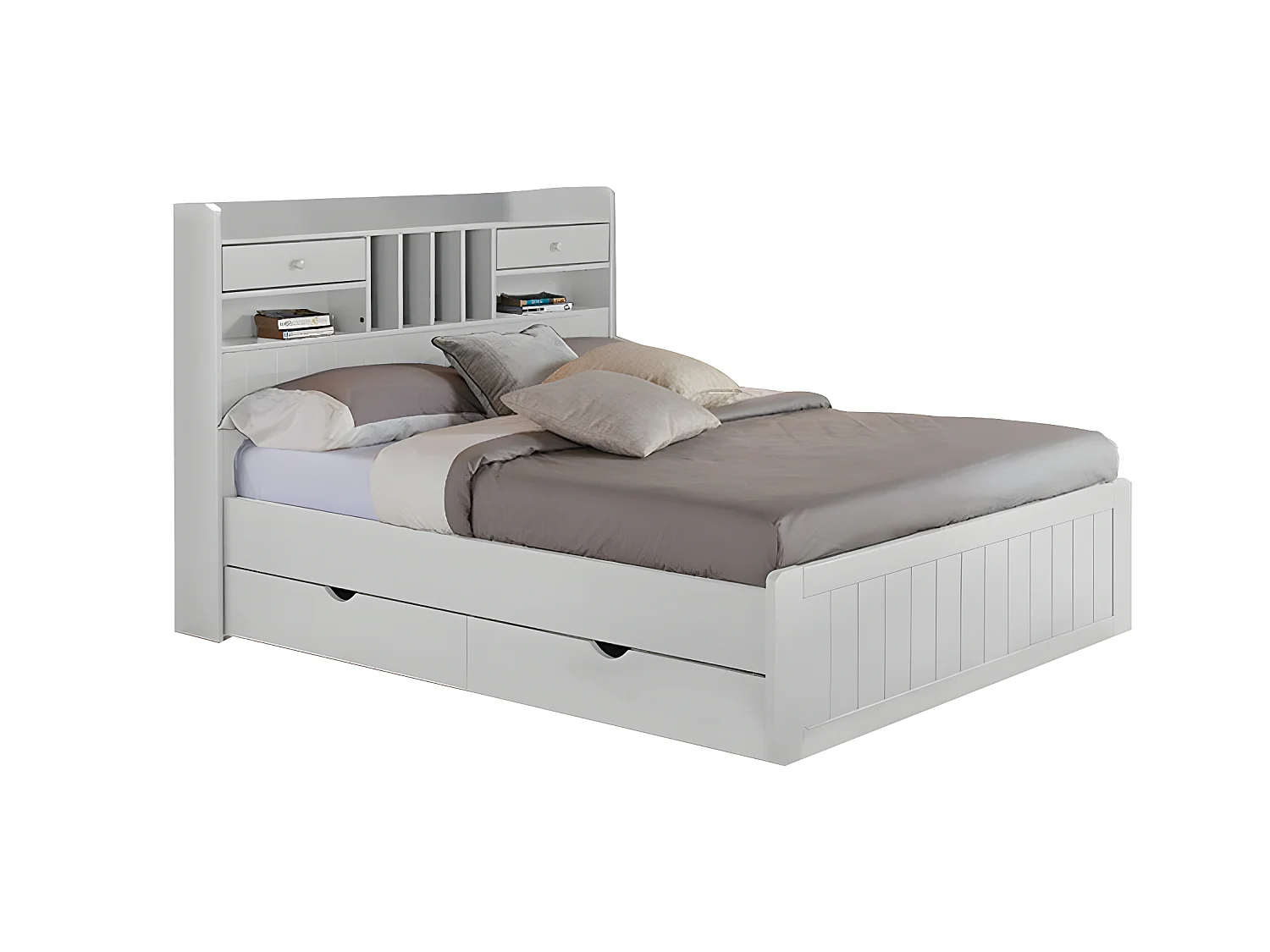 Lit avec rangements 140 x 190 cm - Pin - Blanc + Sommier + Matelas - MEDERICK